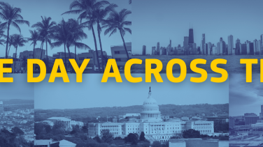 Several images of different U.S. city skylines and then the words "Europe Day Across the USA"