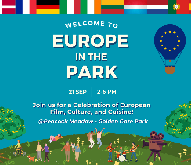 Colorful graphic depicting a park and EU flag hot air balloon.